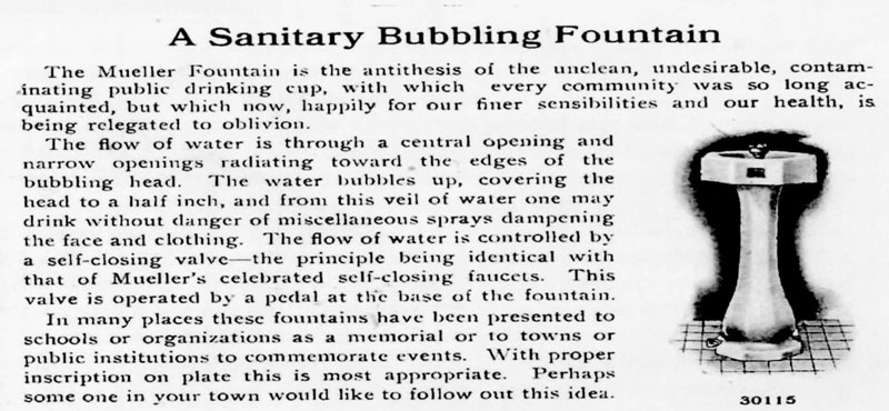 Mueller Bubbling Sanitary Drinking Fountain, patented in 1913